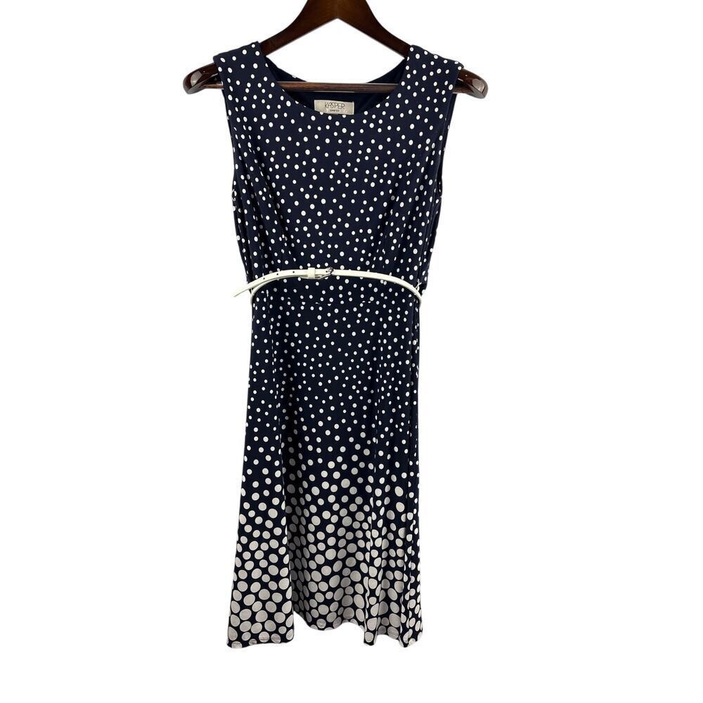 Women’s Kasper Size 4 Navy Blue Midi Dress w/ White Polka Dots & Belt